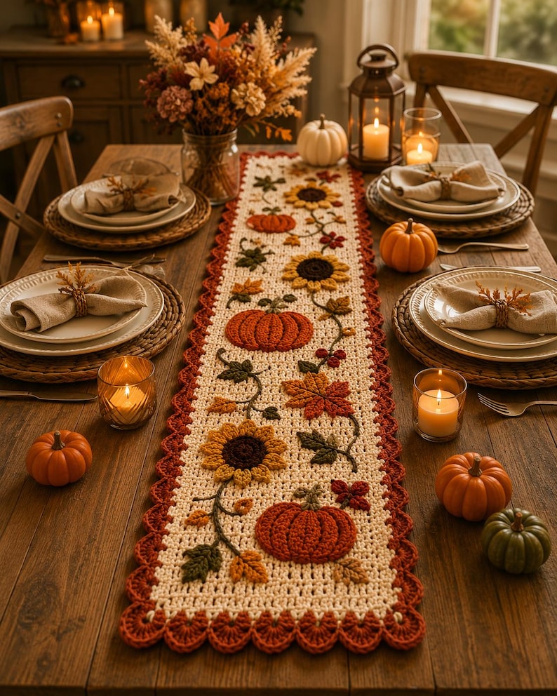 May include: A rectangular crochet table runner featuring an off-white base with a scalloped rust-colored border. The design includes appliqued motifs of orange pumpkins, yellow sunflowers, and multi-colored autumn leaves arranged along a vine.