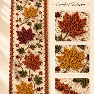 May include: A rectangular crochet table runner featuring a cream-colored base with a repeating pattern of dark red, yellow, and green maple leaves and small berries. The text "Maple Leaf Table Runner - Crochet Pattern" is printed on the right.