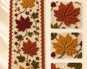 Haakpatroon voor een tafelloper met esdoornbladmotief, herfstdecoratie voor thuis, stapsgewijze PDF-download