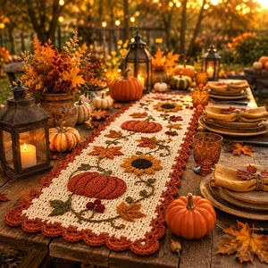 May include: A rectangular crochet table runner featuring an off-white base with a repeating pattern of orange pumpkins, yellow sunflowers, and brown autumn leaves, finished with a scalloped dark orange border along the edges of the fabric.