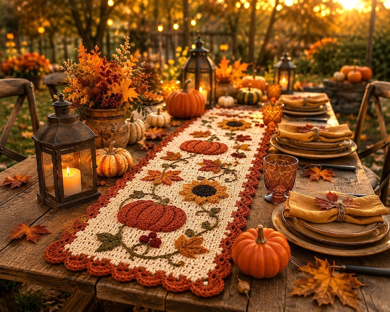 May include: A rectangular crochet table runner featuring an off-white base with a repeating pattern of orange pumpkins, yellow sunflowers, and brown autumn leaves, finished with a scalloped dark orange border along the edges of the fabric.