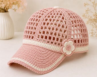 Gehaakte baseballpet met net, elegant haakpatroon voor een pet met net, zomerse baseballpet voor dames, zomerhoed met bloemenprint, PDF