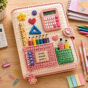 Crochet Notebook Cover Pattern,  Stationery Journal Cover, Calculator Pencil and Ruler Appliqué,  PDF