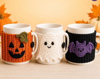 Gehaakte Halloween-mokhoes, pompoen-, spook- en vleermuismokhoes, 3 digitale PDF-patronen