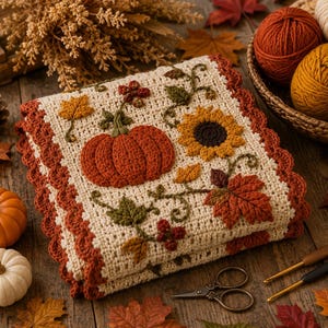 May include: A cream-colored crochet blanket featuring a textured pumpkin, a sunflower, and autumn leaves in shades of orange, yellow, and green. The blanket has a scalloped rust-colored border and is decorated with intricate yarn-stitched vines.