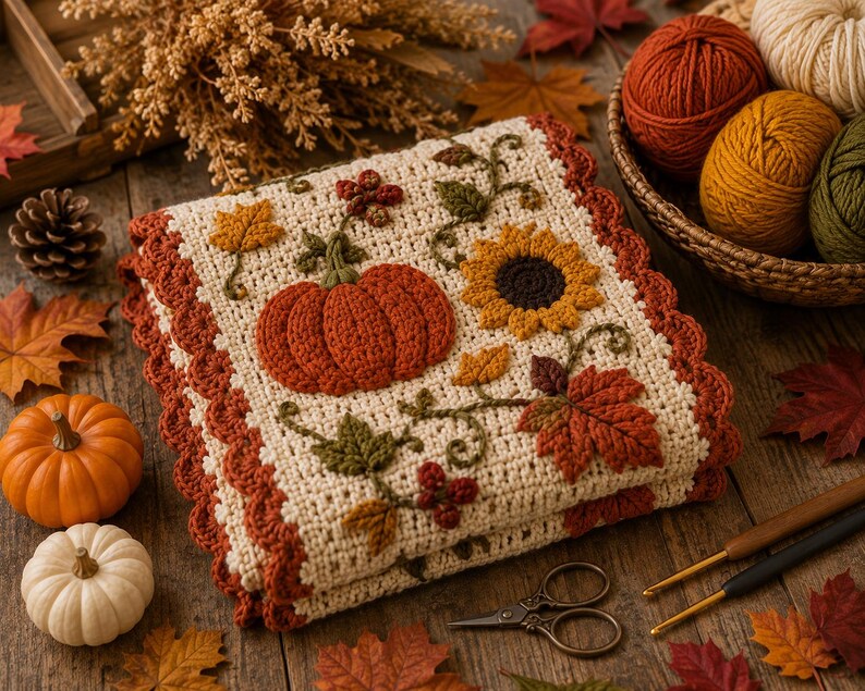 May include: A cream-colored crochet blanket featuring a textured pumpkin, a sunflower, and autumn leaves in shades of orange, yellow, and green. The blanket has a scalloped rust-colored border and is decorated with intricate yarn-stitched vines.