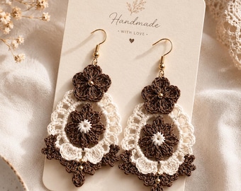 Patroon voor gehaakte oorbellen met bloemenmotief, boho kanten druppelvorm, PDF-patroon
