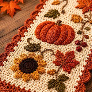 May include: A rectangular crochet table runner featuring an off-white base with a scalloped rust-colored border. The design includes three-dimensional appliqu&eacute;s of a large orange pumpkin, a yellow sunflower, red maple leaves, and small berries.