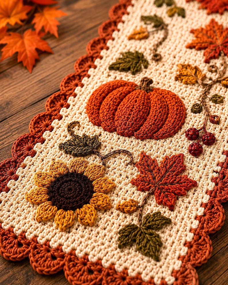 May include: A rectangular crochet table runner featuring an off-white base with a scalloped rust-colored border. The design includes three-dimensional appliqu&eacute;s of a large orange pumpkin, a yellow sunflower, red maple leaves, and small berries.