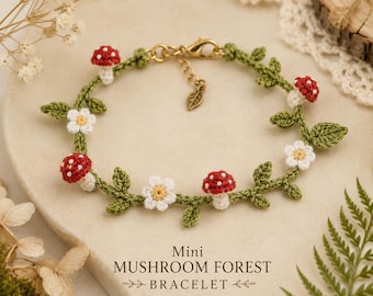 Padrão de pulseira de cogumelos em crochê em PDF, tutorial de trepadeira floral da floresta (download digital)