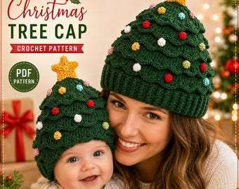 Haakpatroon voor een kerstboommuts, feestelijke gelaagde muts (PDF), kerstversiering voor volwassenen met ster