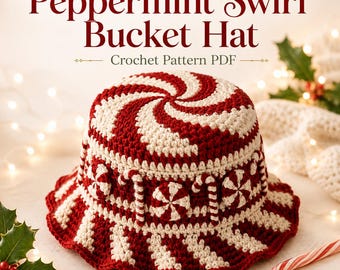 Padrão de chapéu bucket de crochê com redemoinho de hortelã-pimenta (PDF), design festivo de bengala doce