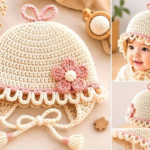 May include: A cream-colored crocheted bonnet featuring a pink flower appliqué on the side, a scalloped edge trim, a small loop at the top, and two long braided ties with tassels at the ends. The bonnet is crafted from yarn with a textured stitch.