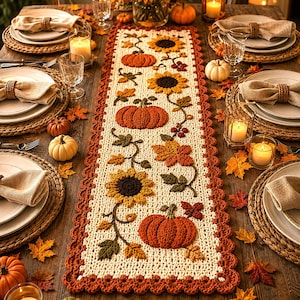 May include: A rectangular crochet table runner featuring a cream-colored base with a scalloped rust-orange border. The design includes raised, textured motifs of orange pumpkins, yellow sunflowers, and autumn leaves in shades of brown and green.