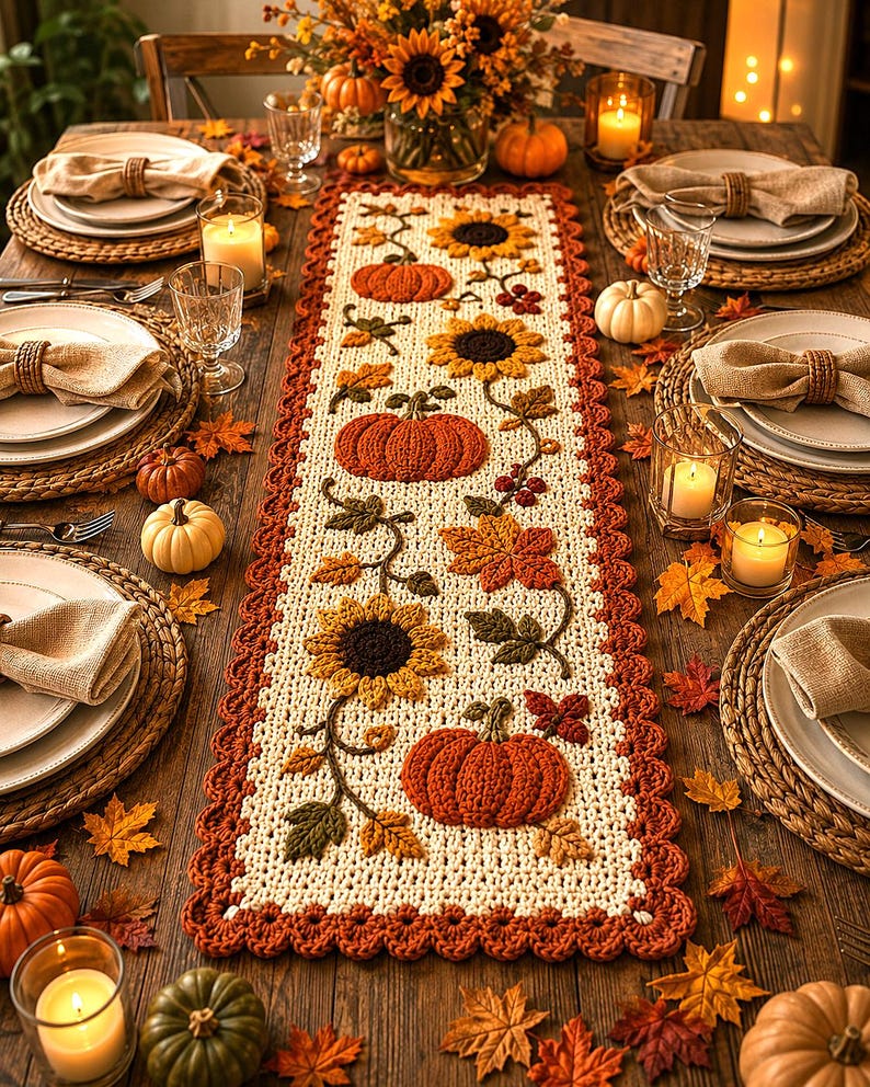 May include: A rectangular crochet table runner featuring a cream-colored base with a scalloped rust-orange border. The design includes raised, textured motifs of orange pumpkins, yellow sunflowers, and autumn leaves in shades of brown and green.