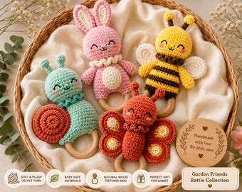 4 haakpatronen voor babyrammelaars: konijn, bij, vlinder en slak (PDF-download)