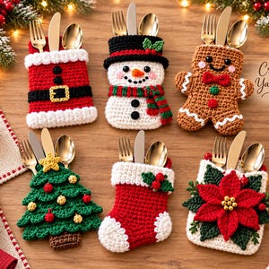 May include: Six crochet cutlery holders featuring holiday designs including a Santa suit, snowman, gingerbread person, Christmas tree, stocking, and poinsettia. Each holder contains a gold fork, knife, and spoon. Text reads Creative Yarn Magic.