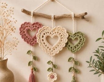 Haakpatroon voor een wanddecoratie met hartjes en bladeren, boho bloemendecoratie (PDF)