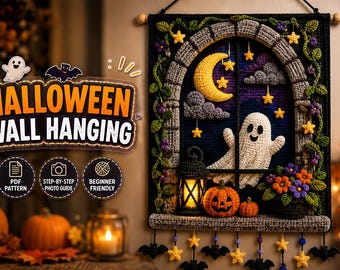 Padrão de crochê em PDF para pendurar fantasma de Halloween na parede, decoração para casa com lua e abóbora, download digital.