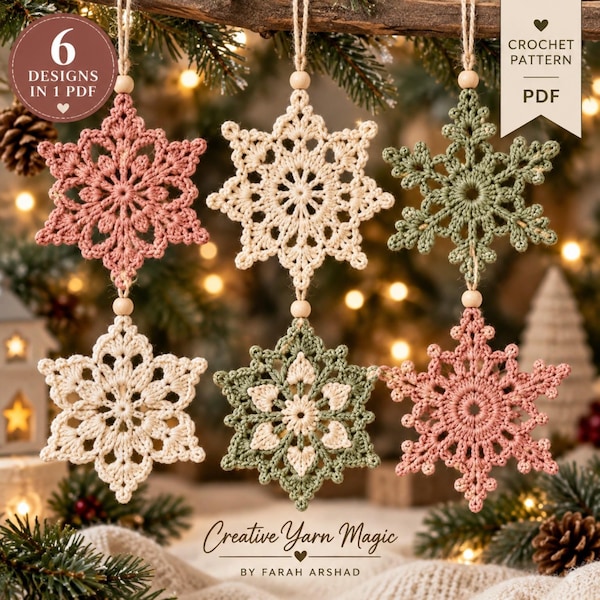 Crochet Snowflake Ornament Pattern, 6 Designs in 1 PDF, Christmas Tree Decorations