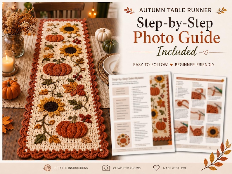 May include: A rectangular crochet table runner featuring a cream-colored base with orange pumpkins, yellow sunflowers, and green leaves. The border is scalloped in dark orange. A printed step-by-step photo guide is included with the runner.
