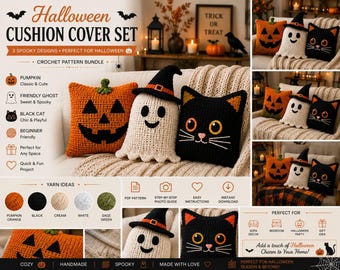 Bundel haakpatronen voor kussenhoezen met Halloween-thema, pompoen-, spook- en kattenontwerpen (digitale PDF)