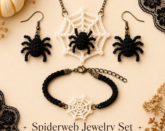 Padrão de crochê em PDF para joias de teia de aranha, conjunto de colar, brincos e pulseira para o Halloween, acessórios de crochê góticos