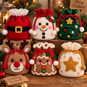 Pode incluir: Seis sacos de crochê com cordão e motivos natalinos: um traje de Papai Noel vermelho, um boneco de neve branco, uma árvore de Natal verde, uma rena marrom, um boneco de gengibre e um saco creme com uma estrela dourada. Cada saco tem um cordão.