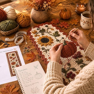 May include: A crochet project featuring a finished autumn-themed table runner with sunflower and pumpkin motifs, a partially completed orange yarn pumpkin, a pattern sheet titled Autumn Table Runner, a notebook with pumpkin sketches, and yarn balls.