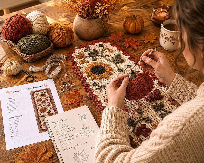 May include: A crochet project featuring a finished autumn-themed table runner with sunflower and pumpkin motifs, a partially completed orange yarn pumpkin, a pattern sheet titled Autumn Table Runner, a notebook with pumpkin sketches, and yarn balls.