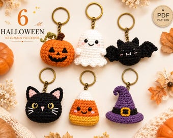 Halloween Crochet Keychain Patterns Bundle: Pumpkin, Ghost, Bat, Cat, Candy Corn, Witch Hat (PDF)