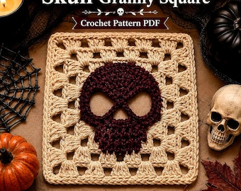 Gotisch schedel-haakpatroon voor een oma-vierkantje (PDF), Halloween-motief (digitale download)