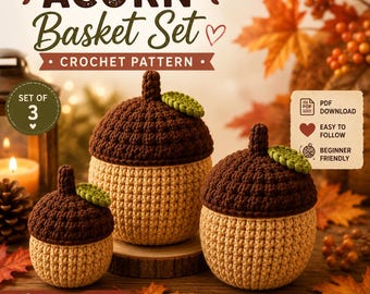 Set van 3 gehaakte eikelmandjes, herfst opbergmandjes (PDF-patroon)