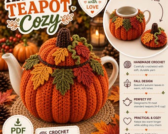Haakpatroon voor een theepot met pompoenmotief, herfstbladeren en afneembaar deksel (PDF)