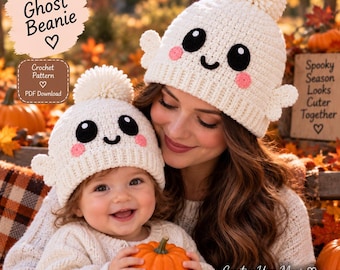 Padrão de crochê para gorro de fantasma kawaii | Gorro de Halloween com pompom (Download em PDF)