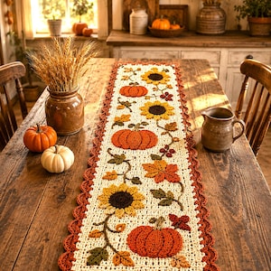 May include: A rectangular crochet table runner featuring a cream-colored base with a scalloped rust-orange border. The design includes raised, textured motifs of orange pumpkins, yellow sunflowers, and multi-colored autumn leaves on vines.