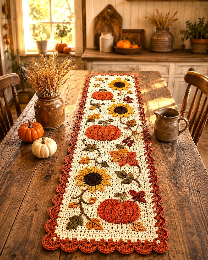 May include: A rectangular crochet table runner featuring a cream-colored base with a scalloped rust-orange border. The design includes raised, textured motifs of orange pumpkins, yellow sunflowers, and multi-colored autumn leaves on vines.