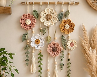 Crochet Flower Wall Hanging Pattern, Boho Floral Decor, Tassels, Leaves (Printed Pattern)