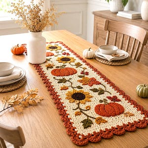 May include: A rectangular crochet table runner featuring a cream-colored base with a repeating pattern of orange pumpkins, yellow sunflowers, and autumn leaves in shades of brown and green, finished with a scalloped rust-colored border.