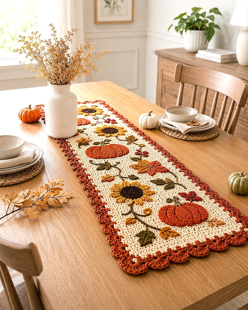 May include: A rectangular crochet table runner featuring a cream-colored base with a repeating pattern of orange pumpkins, yellow sunflowers, and autumn leaves in shades of brown and green, finished with a scalloped rust-colored border.