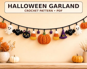 Haakpatroon voor een Halloween-slinger met pompoenen, spoken, vleermuizen en zwarte katten (PDF-download)