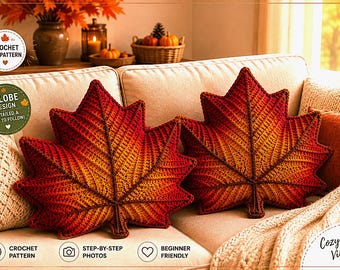Haakpatroon voor een kussen met esdoornbladmotief, gezellige herfstdecoratie voor in huis (PDF-patroon)