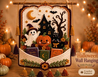 Padrão de crochê para pendurar na parede em formato de livro de histórias de Halloween com bolso para livro, em PDF.