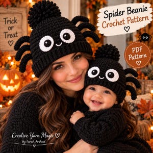 May include: Two black crochet beanies featuring a spider design with large white eyes, a small smile, and eight dangling legs. Each hat is topped with a black pom-pom. Text on the image reads: Spider Beanie Crochet Pattern, PDF Pattern.
