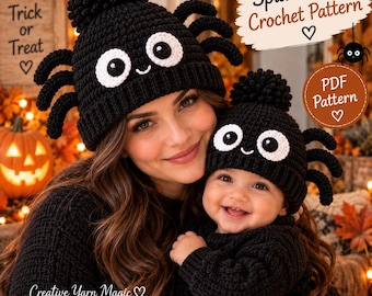 Padrão de crochê para gorro de aranha adulto, chapéu de Halloween com pompom e pernas (PDF)