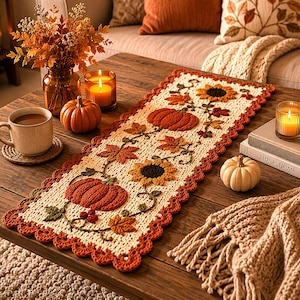 May include: A rectangular crochet table runner featuring an off-white base with a scalloped rust-colored border. The design includes embroidered motifs of orange pumpkins, yellow sunflowers, and brown autumn leaves connected by green vines.