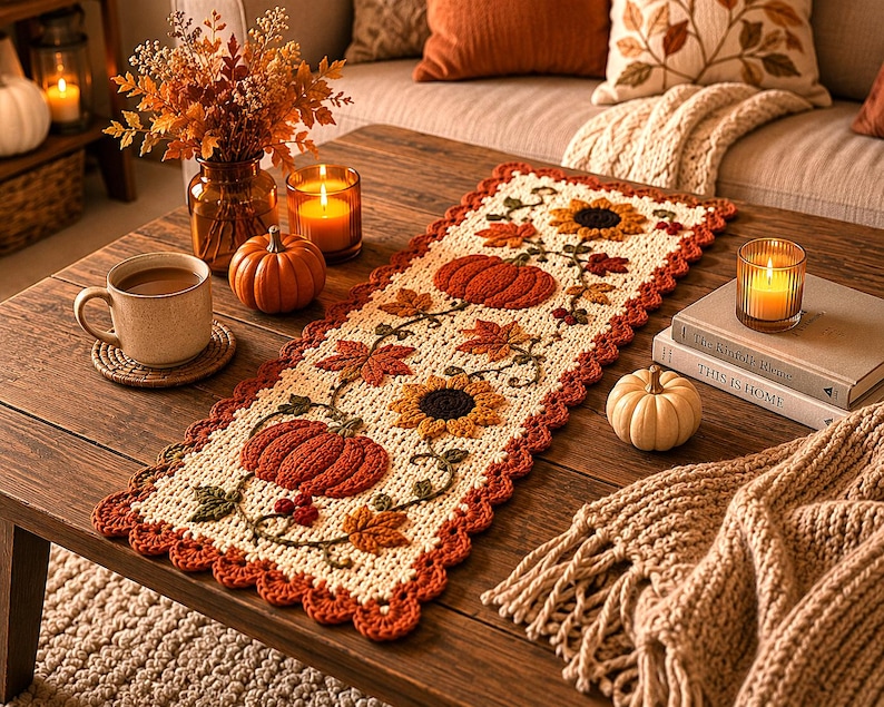May include: A rectangular crochet table runner featuring an off-white base with a scalloped rust-colored border. The design includes embroidered motifs of orange pumpkins, yellow sunflowers, and brown autumn leaves connected by green vines.