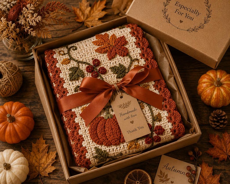 May include: A rectangular crochet blanket featuring an off-white base with a rust-colored border, decorated with crocheted autumn leaves, berries, and a pumpkin. The blanket is tied with a brown satin ribbon and a tag labeled Handmade with love.