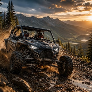 Könnte beinhalten: Ein schwarzes RZR-Geländefahrzeug mit zwei Insassen, die Helme und Schutzbrillen tragen, fährt durch Schlamm auf einem felsigen Bergpfad. Das Fahrzeug verfügt über einen Überrollkäfig, große Reifen mit Profil und helle Scheinwerfer.