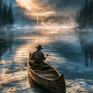Misty Mountain Lake Angler Wall Art, Canoe Fishing at Sunrise, Dramatic Wilderness Landscape